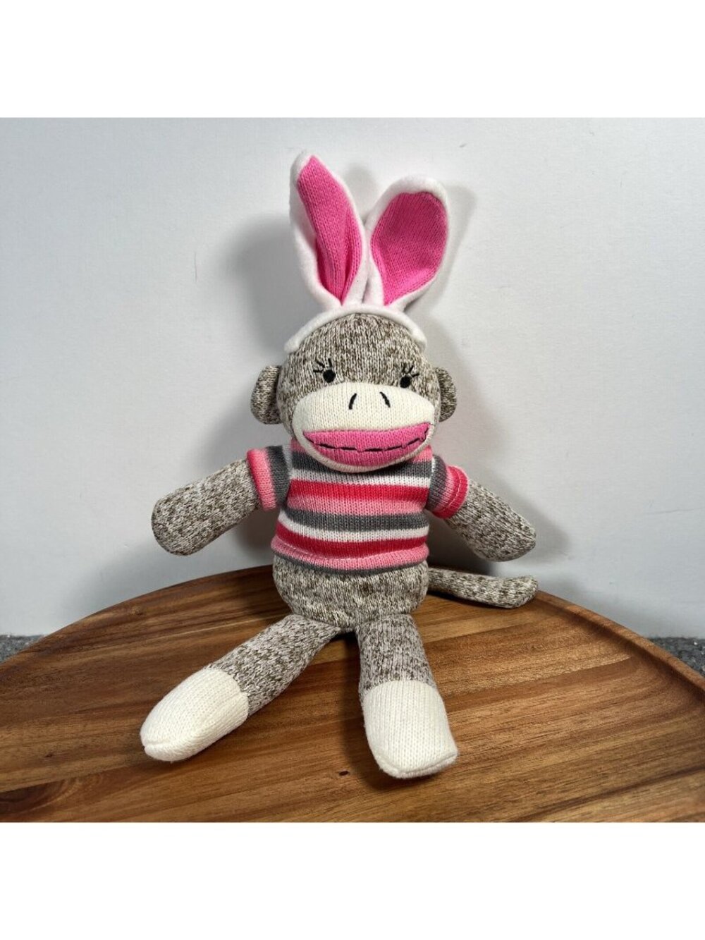 Knit Sock Monkey w/ Easter Bunny Ears Plush 12” Dan Dee Stuffed Pink Striped